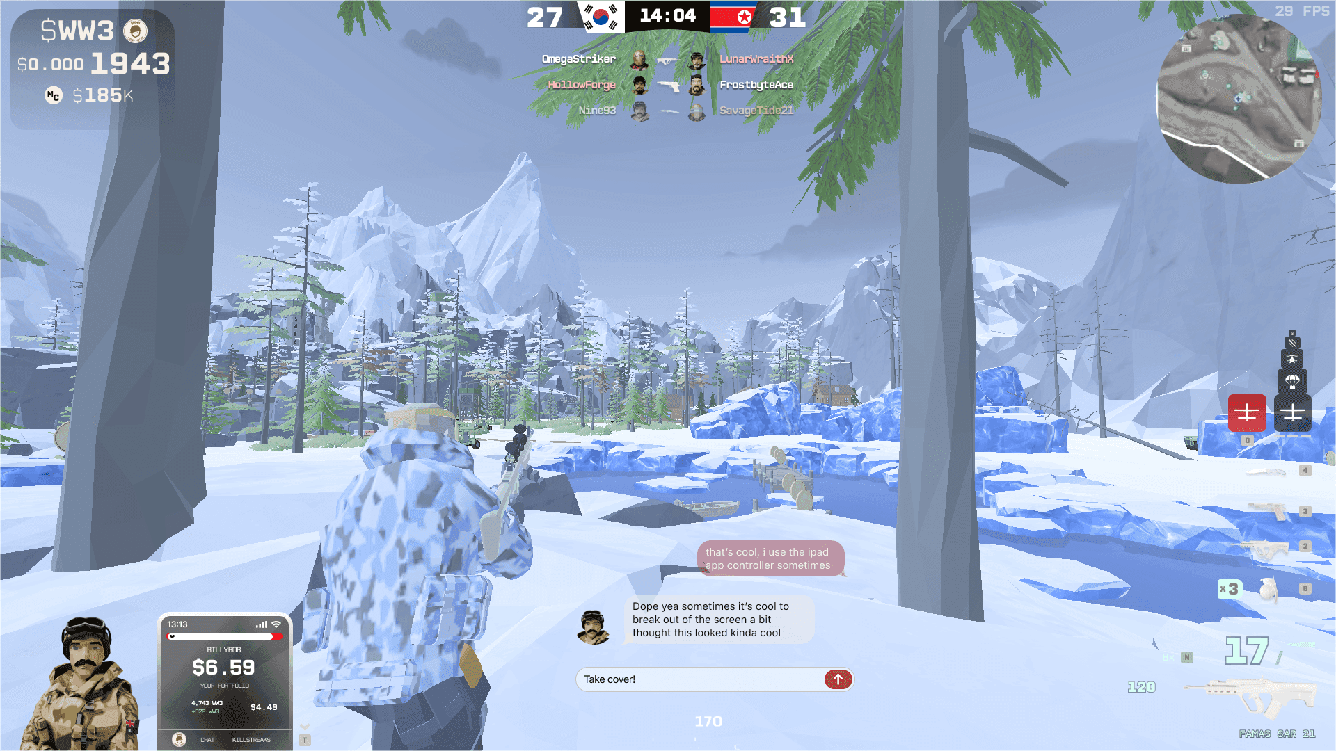 Grunts in-game HUD — squad chat bubbles, live scoreboard, minimap, and the WW3 phone showing your portfolio