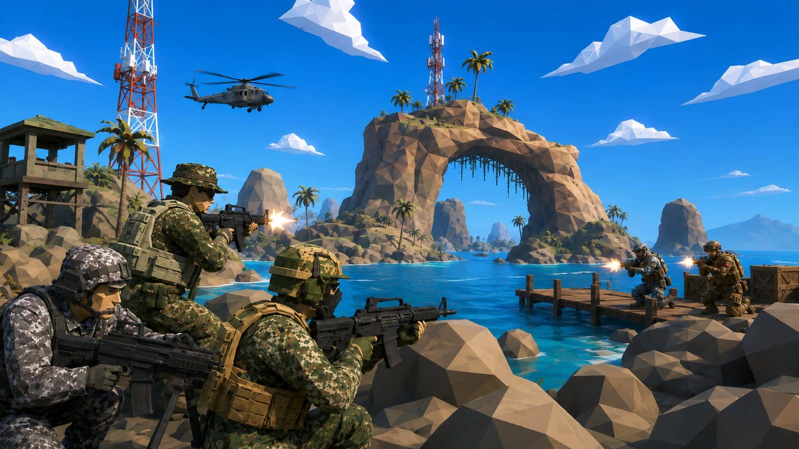 A squad fighting across a contested coastline