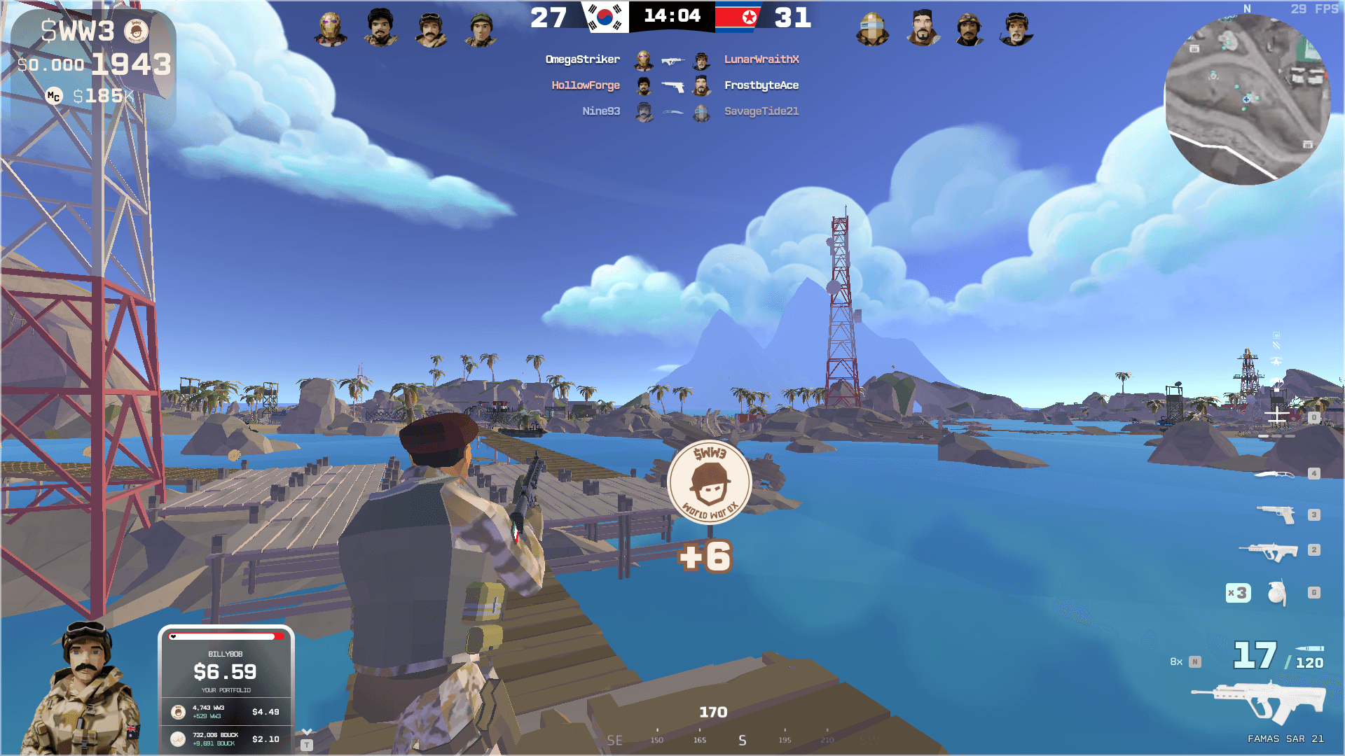Third-person Grunts gameplay on a Pacific map — the WW3 phone shows your live portfolio as you pick up +6 WW3