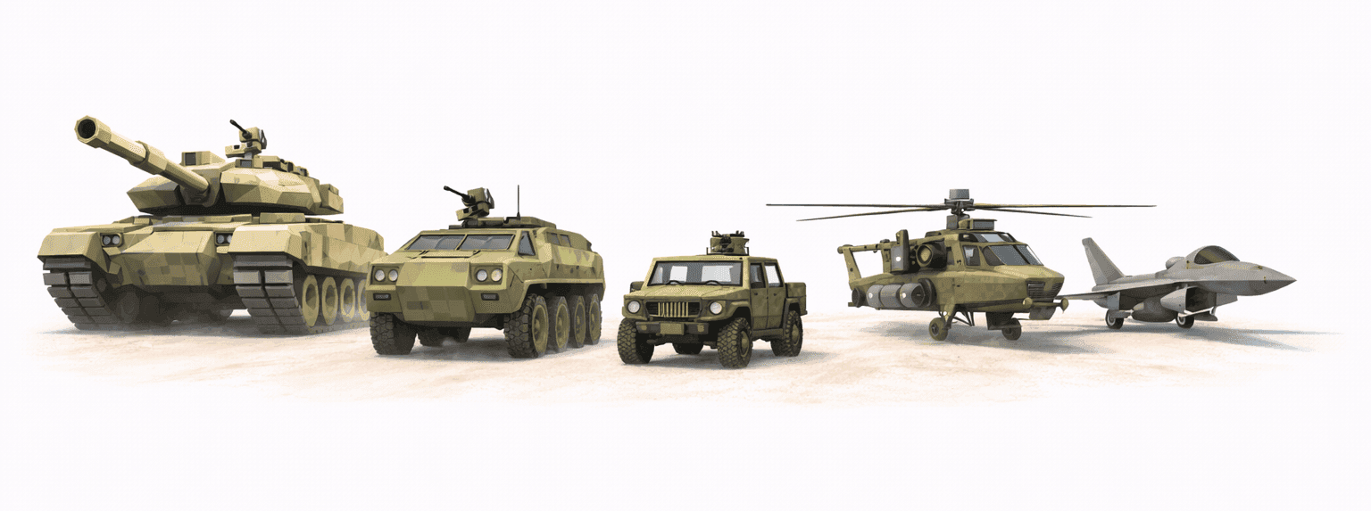The Grunts motor pool — tank, APC, jeep, attack helicopter, and jet