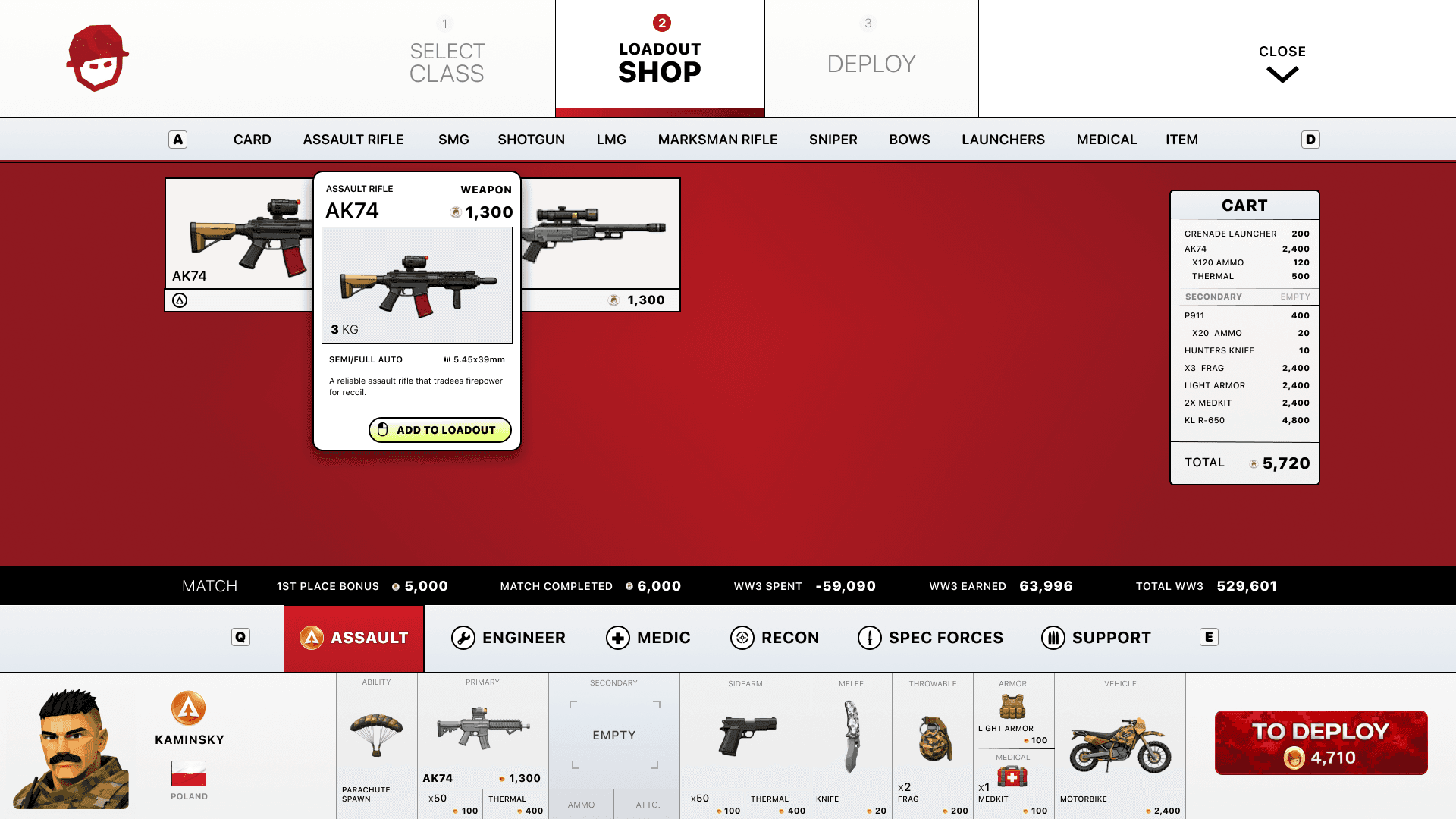 The in-game Grunts Loadout Shop — pick a class, buy weapons and gear with WW3, and watch your cart total before you deploy