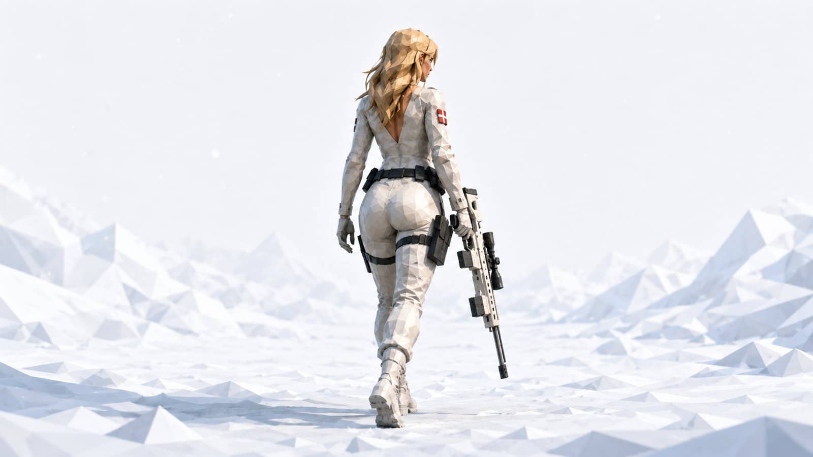 Freja Nielsen crossing the arctic front, sniper rifle in hand